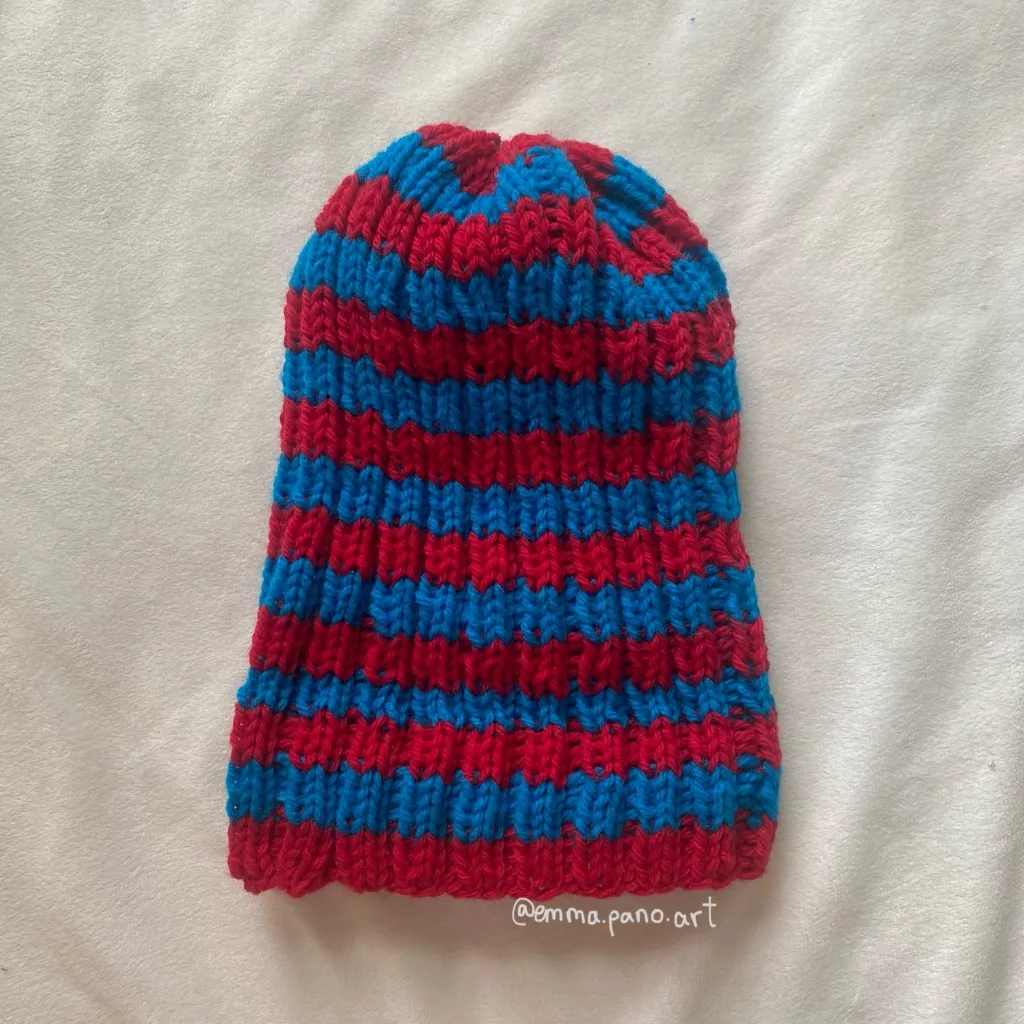 red blue striped hand knit ribbed beanie - Image 7