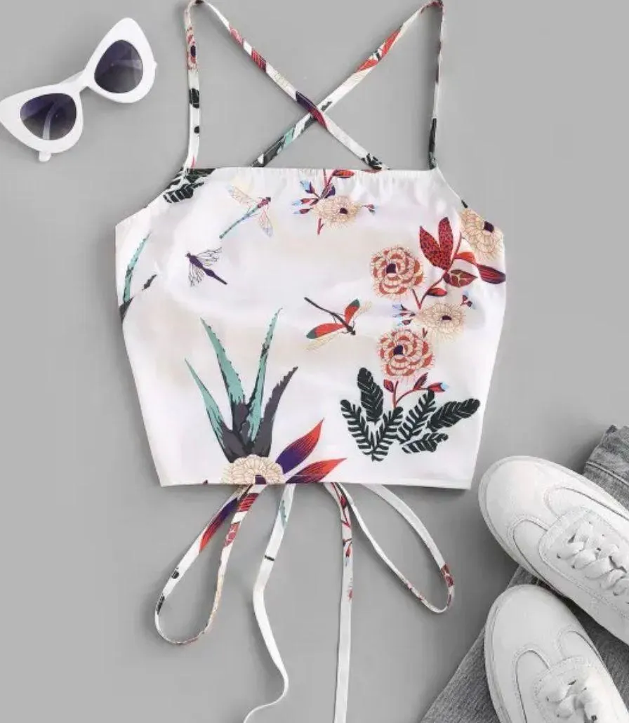 Lace Up Crisscross Printed Crop Top - Image 4