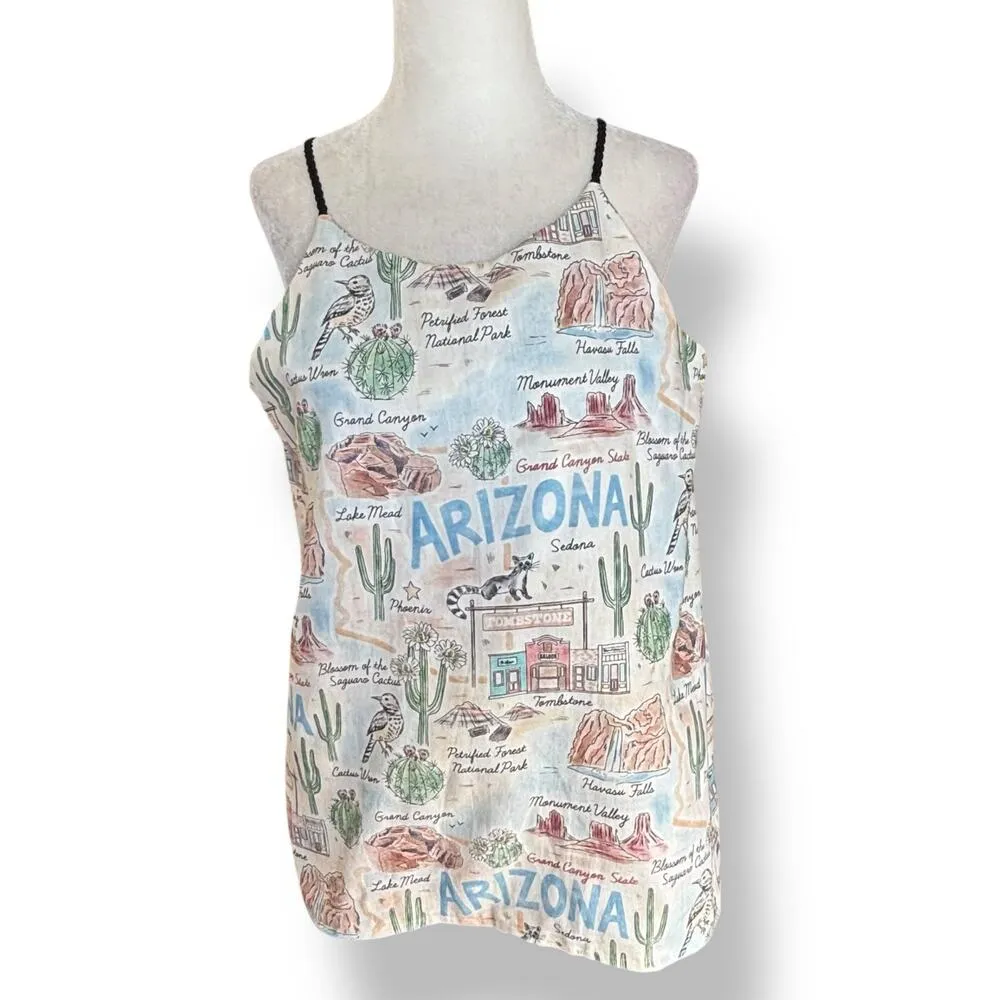 Handmade Arizona Map Print Tank Top Cream Cactus Desert Scene Southwest OOAK - Image 2