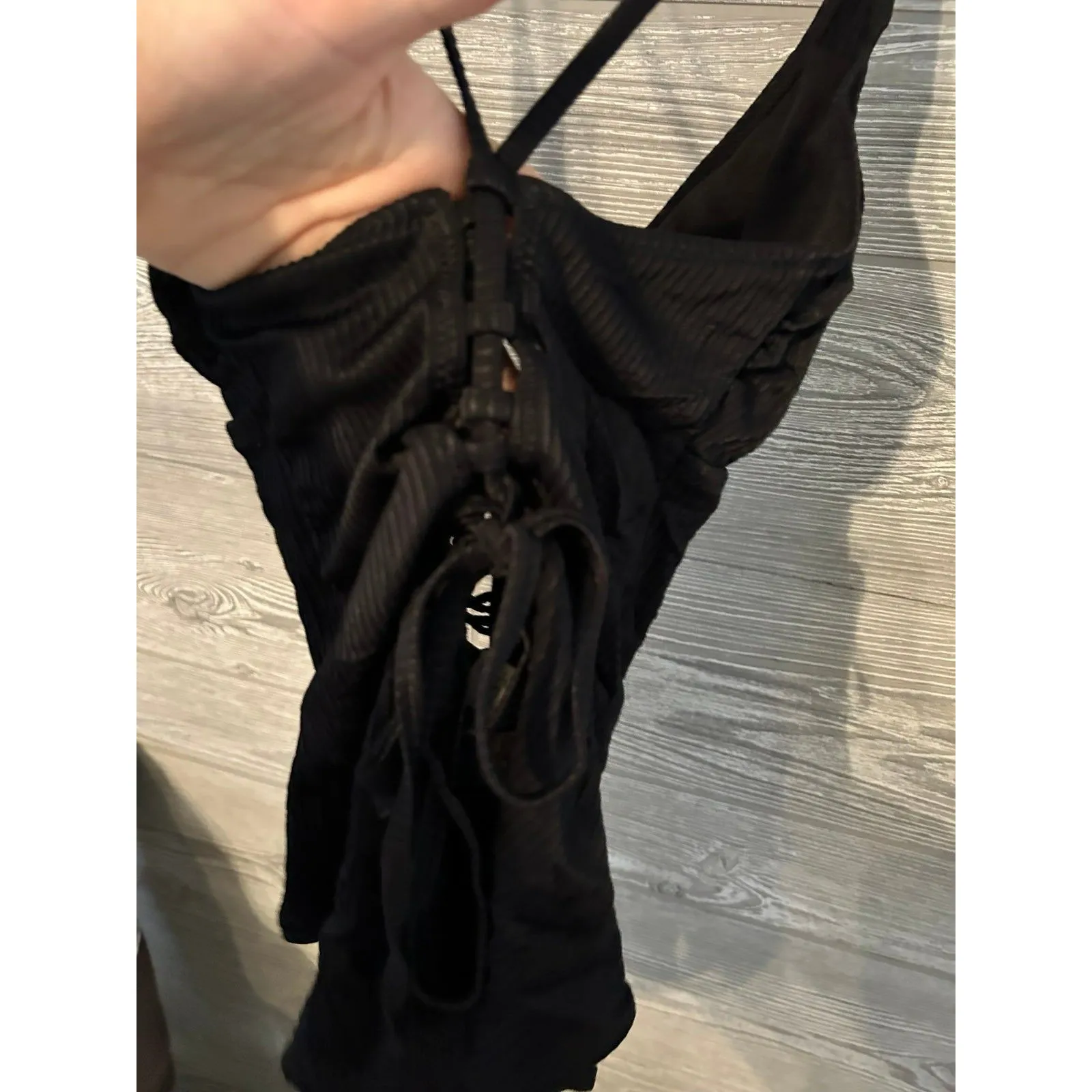 Tinibikini Womens‎ One Piece Swimsuit Black Stretch Plunge Neck Lace Up Strap S - Image 4