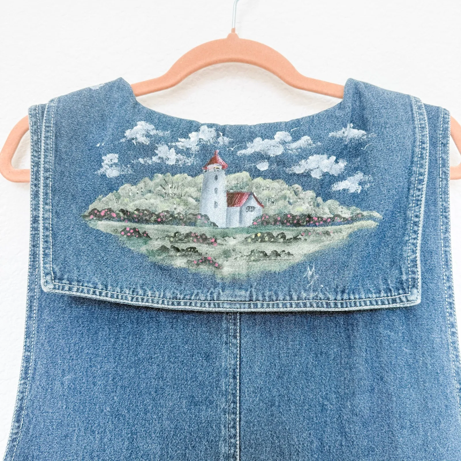 VTG HAIKS Womens Denim Maxi Dress XL Nautical Lighthouse‎ Painted 90s Coastal Blue Size undefined - Image 8