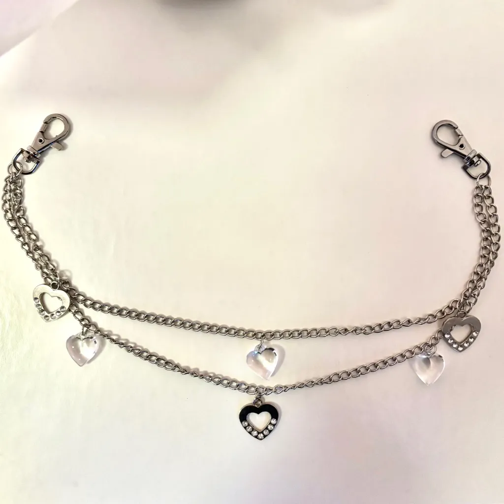 Vintage Y2K Silver Tone Clear Hearts Jean & Purse Chain / Belt - Image 2