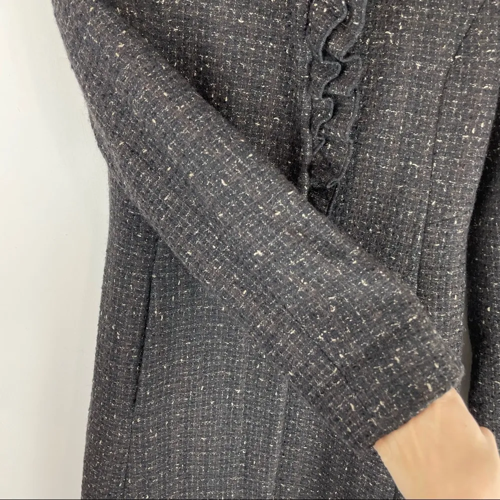 DKNY Black Brown Tweed Wool Ruffle Longline Coat Jacket Sz 4 - Image 4
