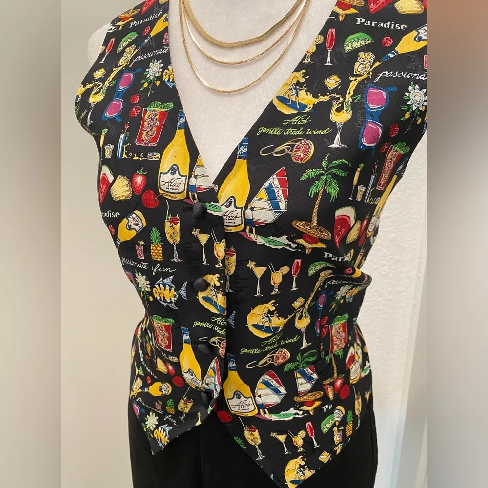 VTG 90s Nicole Miller Petite Black Multicolored Alize Graphic Silk Vest - M - Image 4