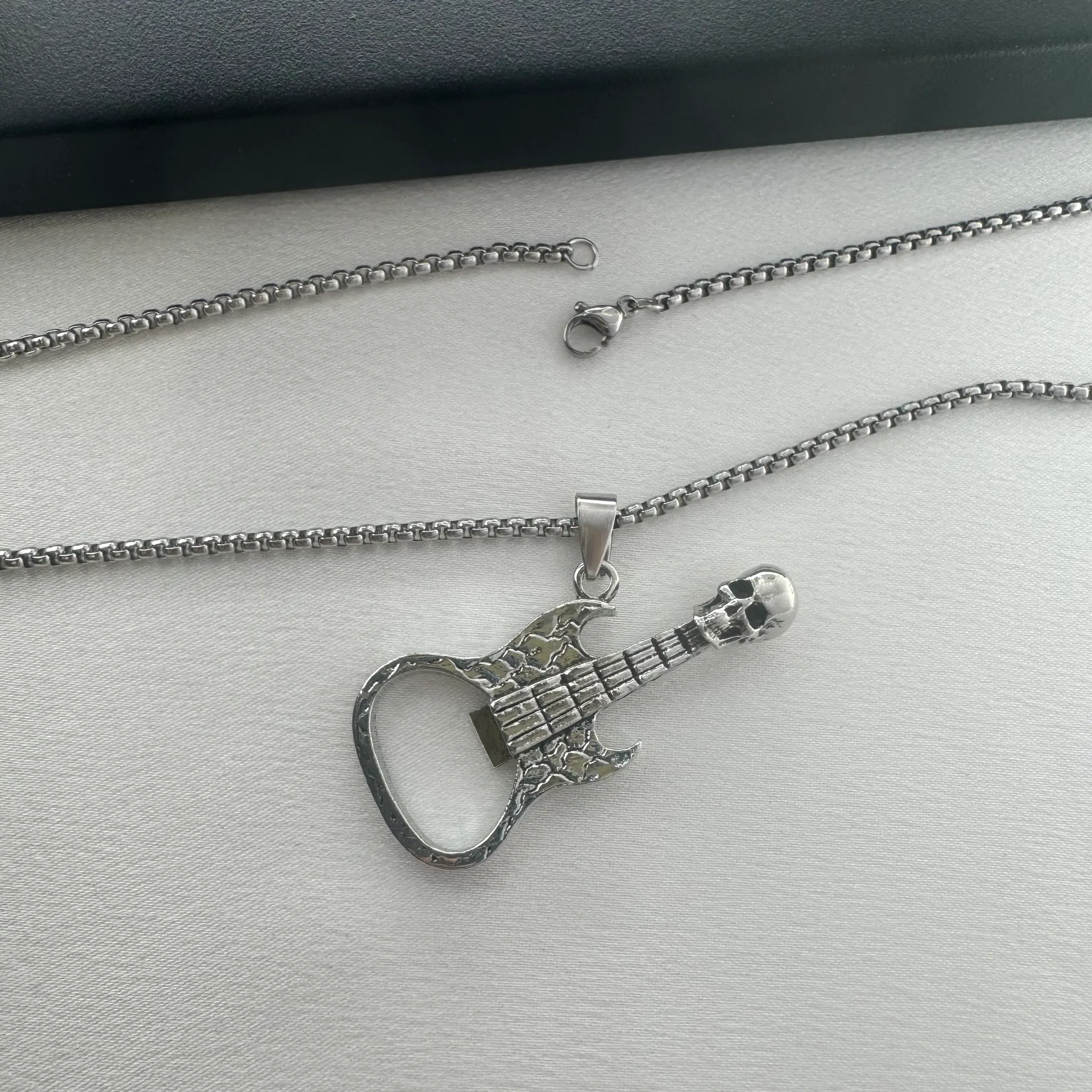 Skull Guitar Pendant Necklace for Men Women Streetwear Punk Hip Hop Unisex Style Silver - Image 3