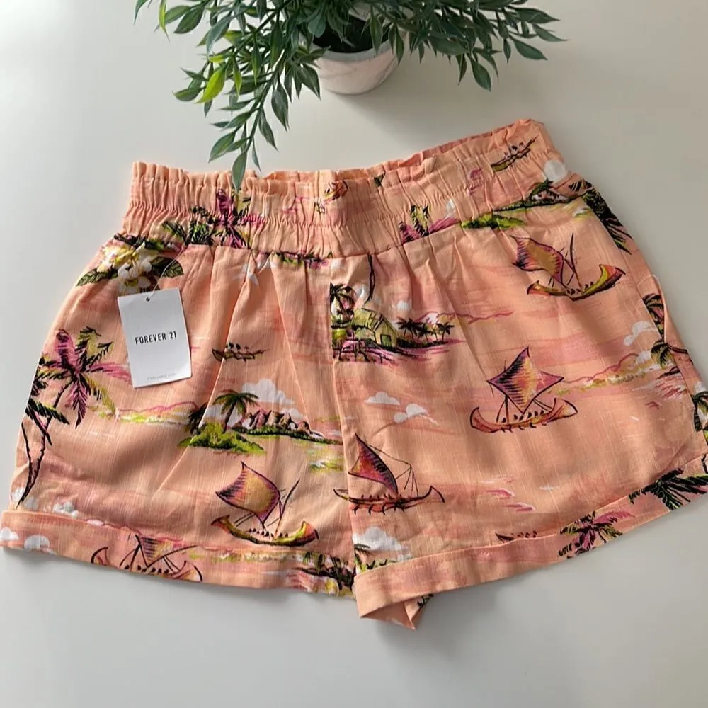 NWT Forever 21 high waist Hawaiian shorts.  Rayon and Linen.  Size Large. - Image 2