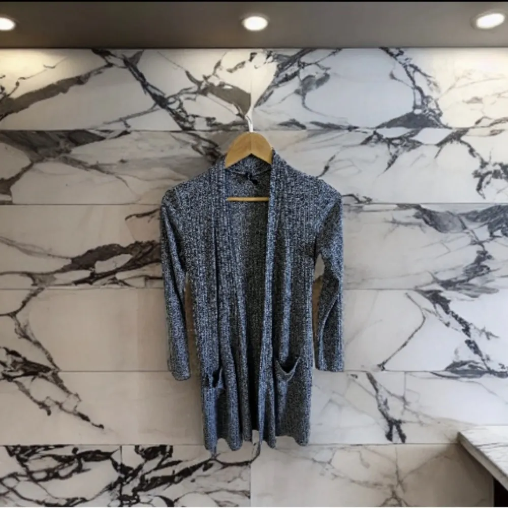 Fleurette Gray Fleurette Black White Long Open Cardigan Sweater Pockets Gray - Image 3