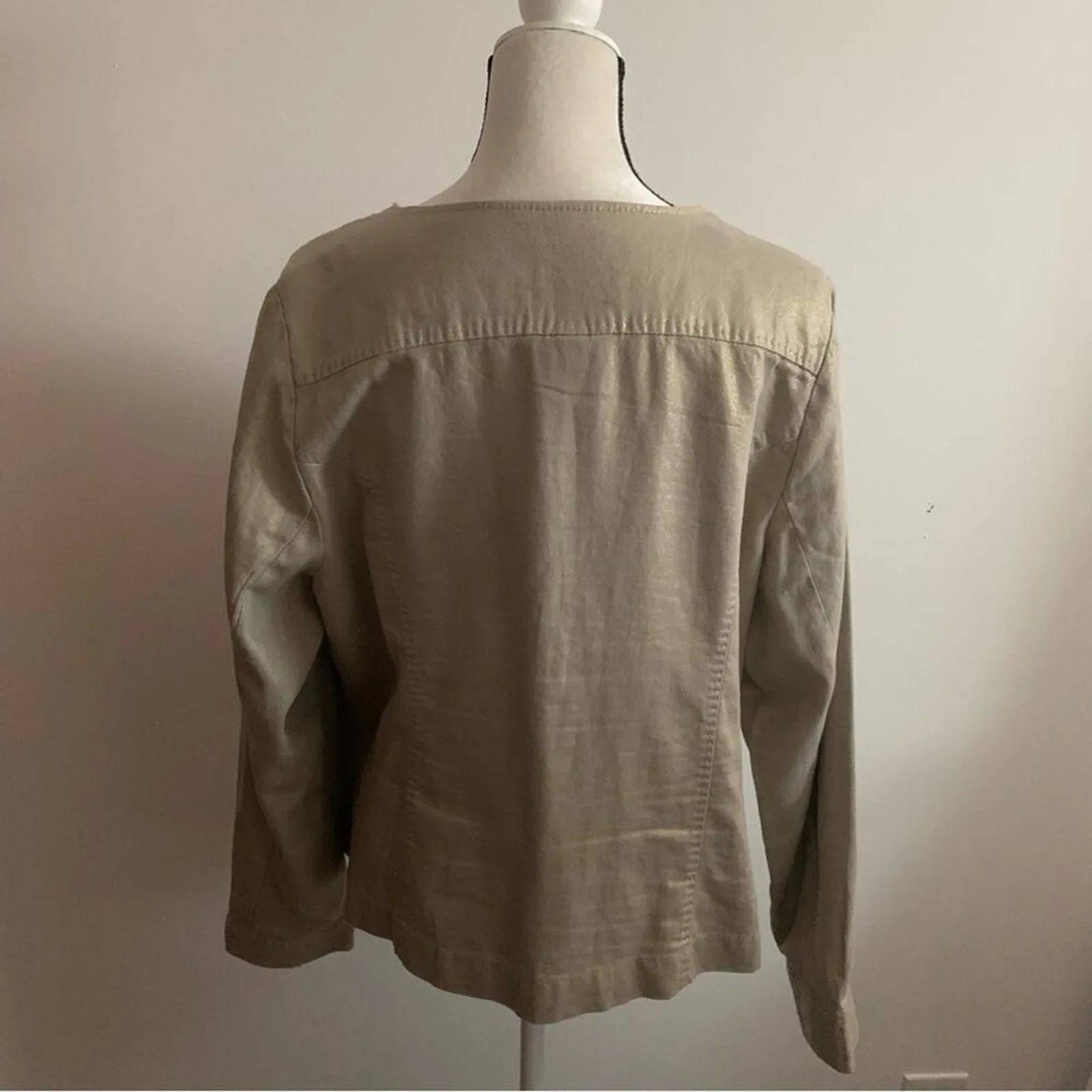 Lane Bryant Metallic Gold Jacket Ruffle Zipper Detail Size 16 Linen Cotton Blend - Image 3