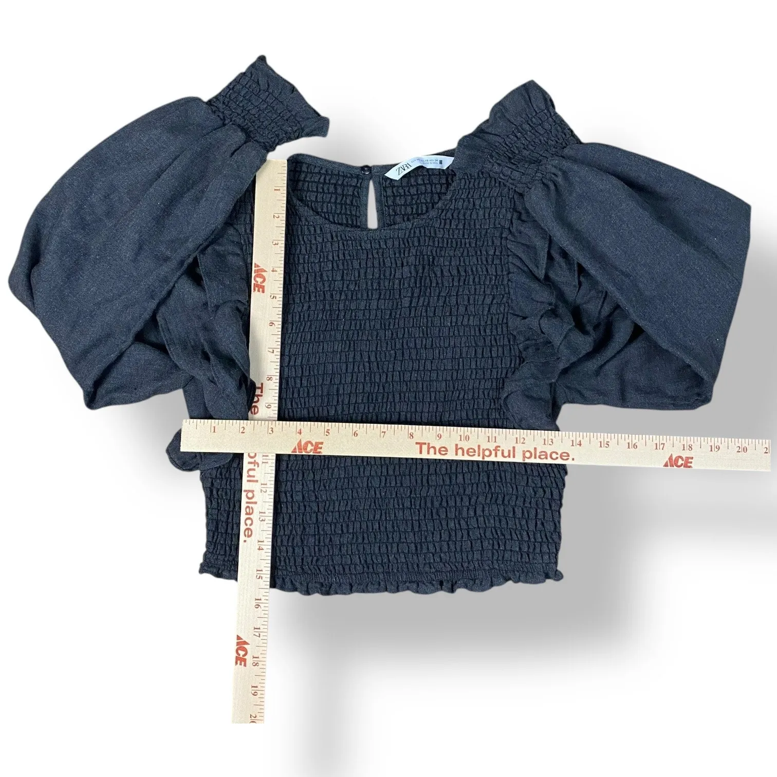 Zara Stretchy Ruffle Sleeve Cropped Top Womens‎ Size XS Gray Boho - Image 3