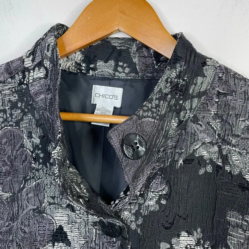 Chicos Black Purple Gray Silver Floral Chenille Sparkle Jacket Womens 3 XL 16 18 - Image 2