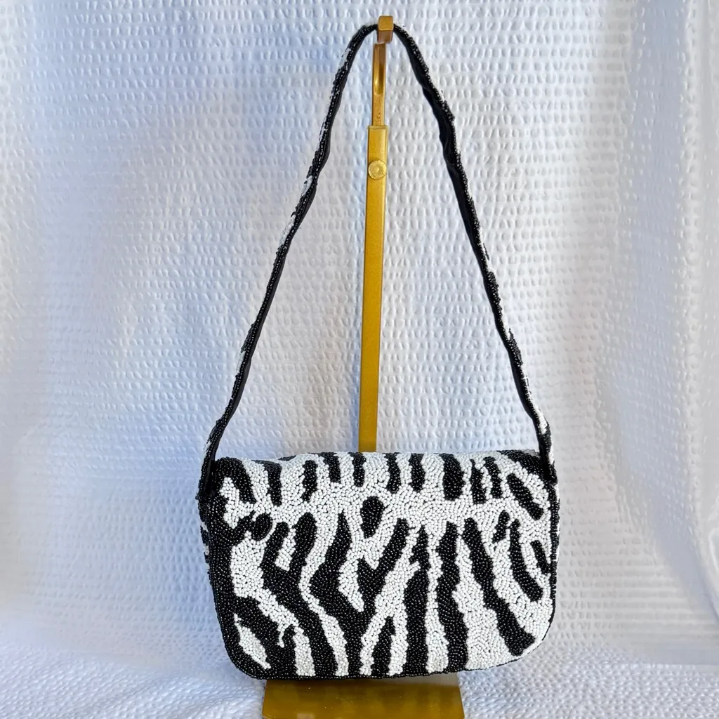 Rachel Zoe Black & White Zebra Beaded Shoulder Bag - Image 2