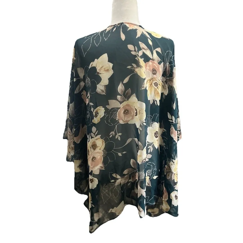 Emerald Teal Floral Sheer Lightweight Beach Swim Cover Up One Size Blue Size undefined - Image 2
