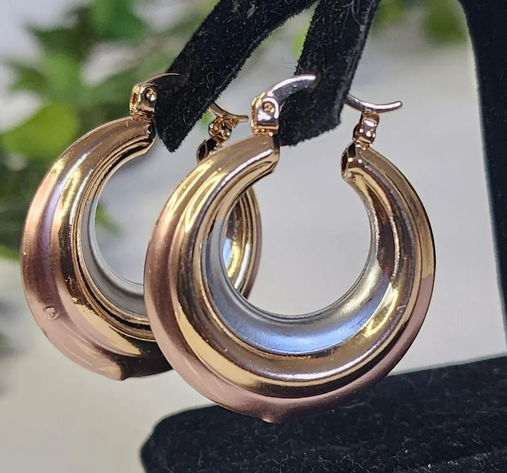 Tri Color Gold Chunky Hollow Hoop Earrings New - Image 4