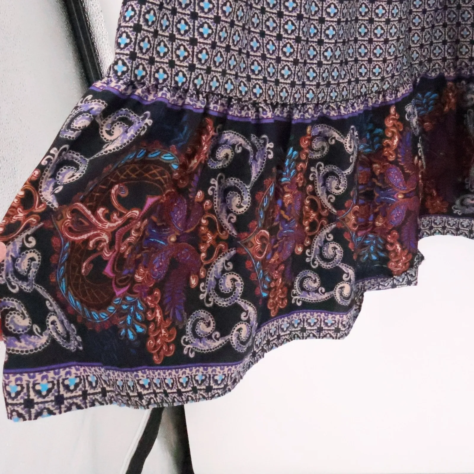 Tiered Maxi Peasant Skirt Boho Prairie Cottage Smocked Waist Geometric Size XL - Image 3