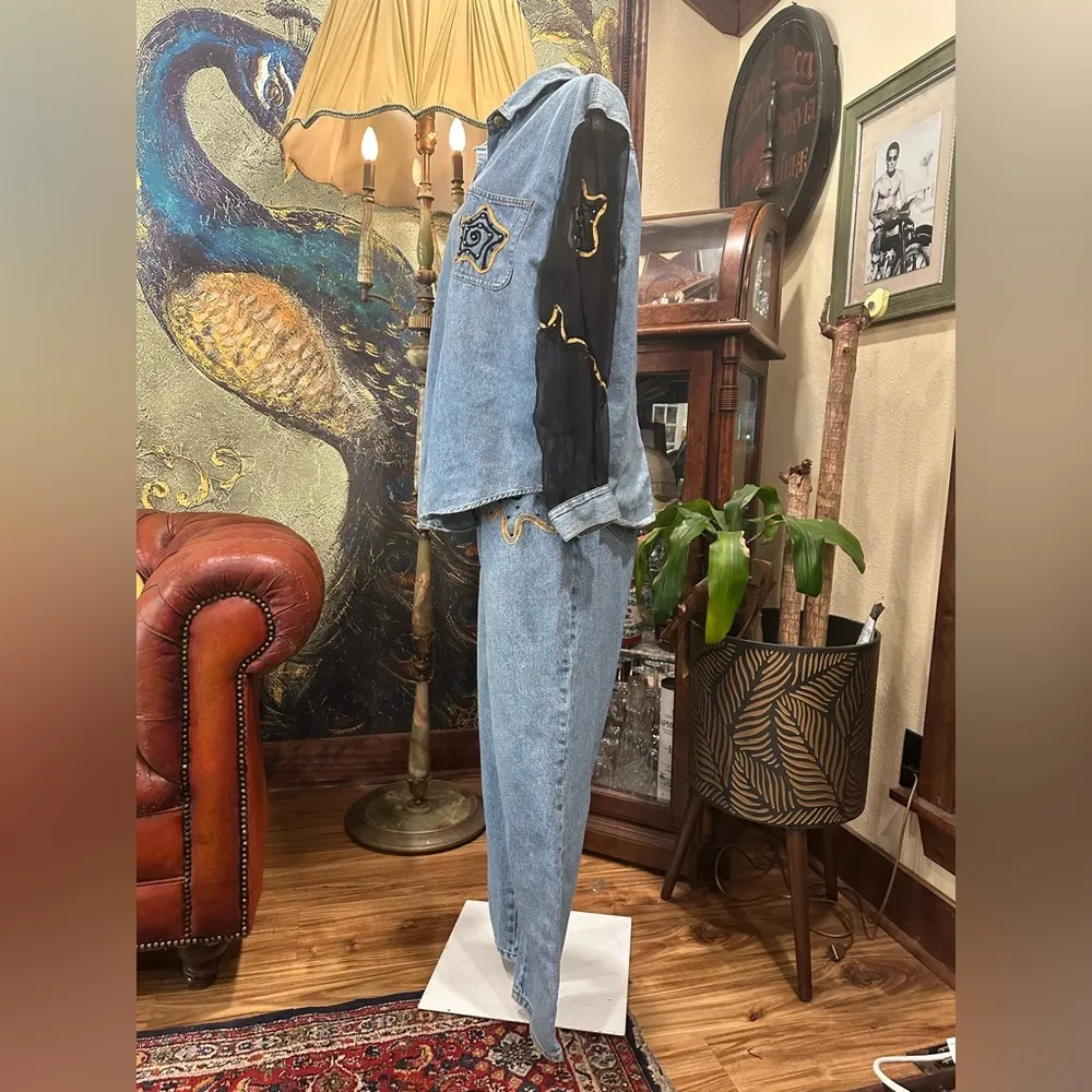 EUC VINTAGE Zana Di  Denim Shirt and Pants Set with Embroidered Patches - Image 5
