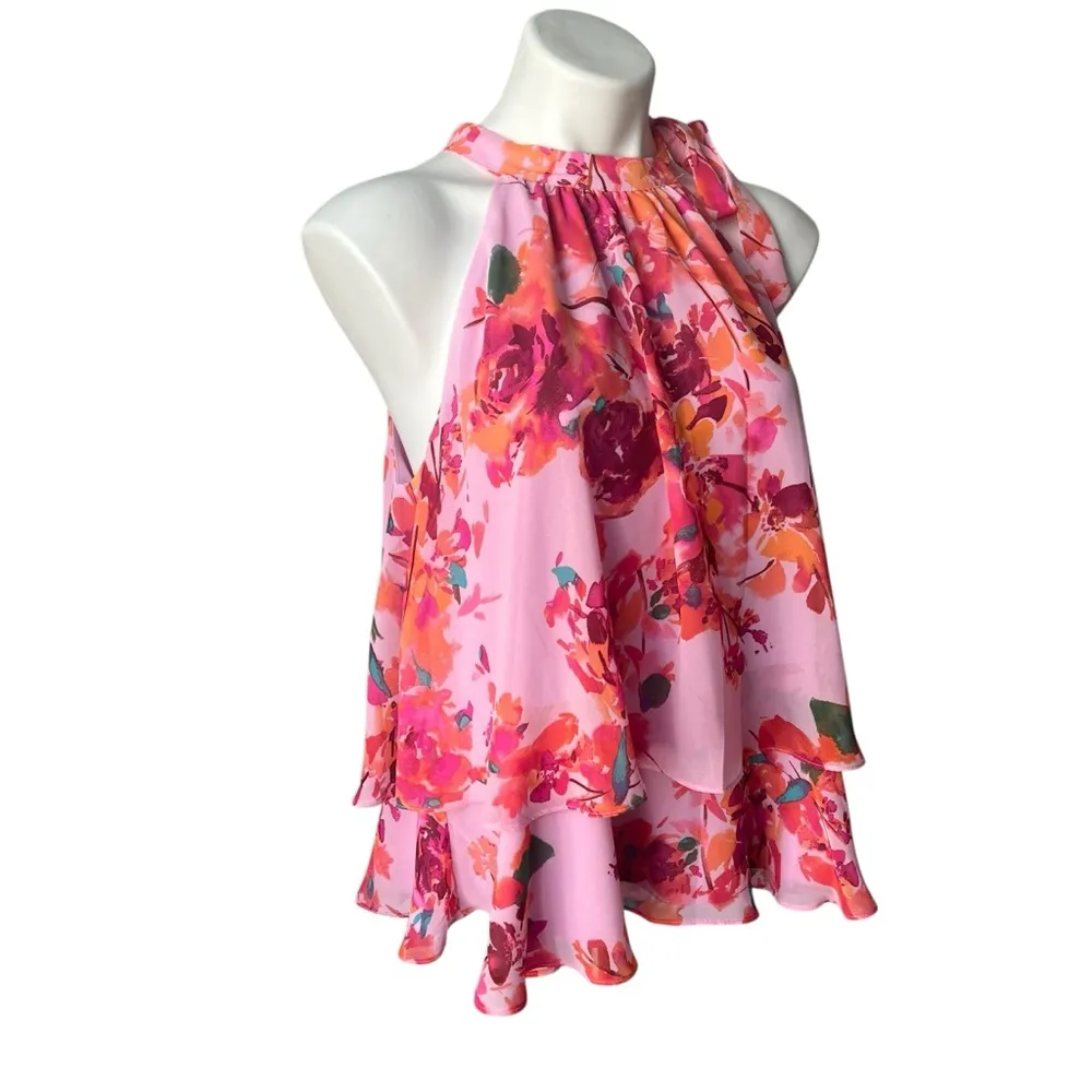 NWT, CeCe High Neck Sleeveless Side Tie Floral Print Tiered Blouse, Sz M - Image 5