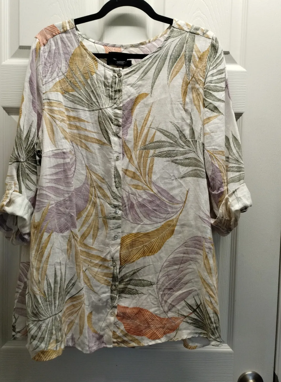 Tahari Womens Size 1X Linen Cream Multicolor Leaf Print Tropical Button Up Shirt - Image 1