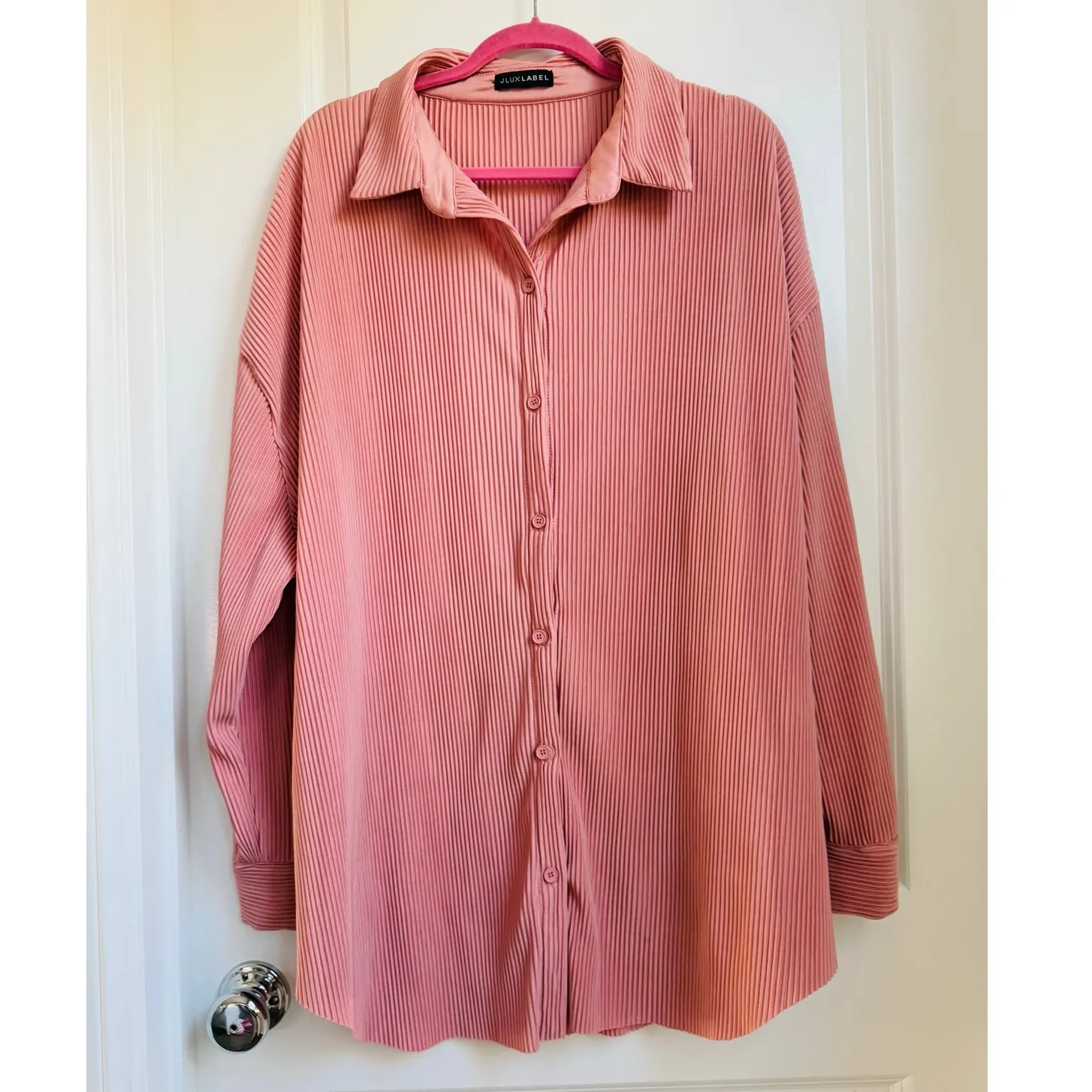 JLUXLABEL  Pink Button Down Top‎ Large Striped Relaxed Casual - Image 5