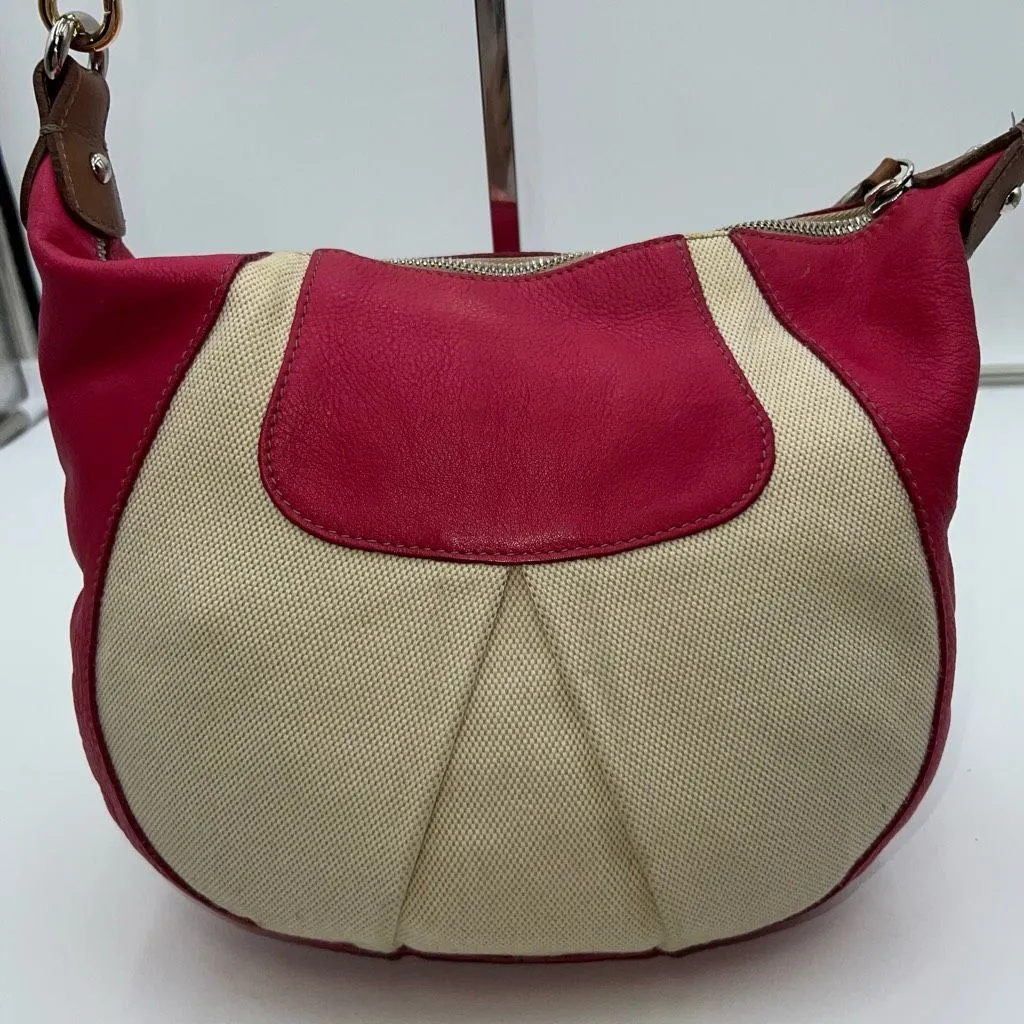 Furla Vintage‎ Canvas And Hot Pink with Silver Snake Embossed Shoulder Strap Bag - Image 6