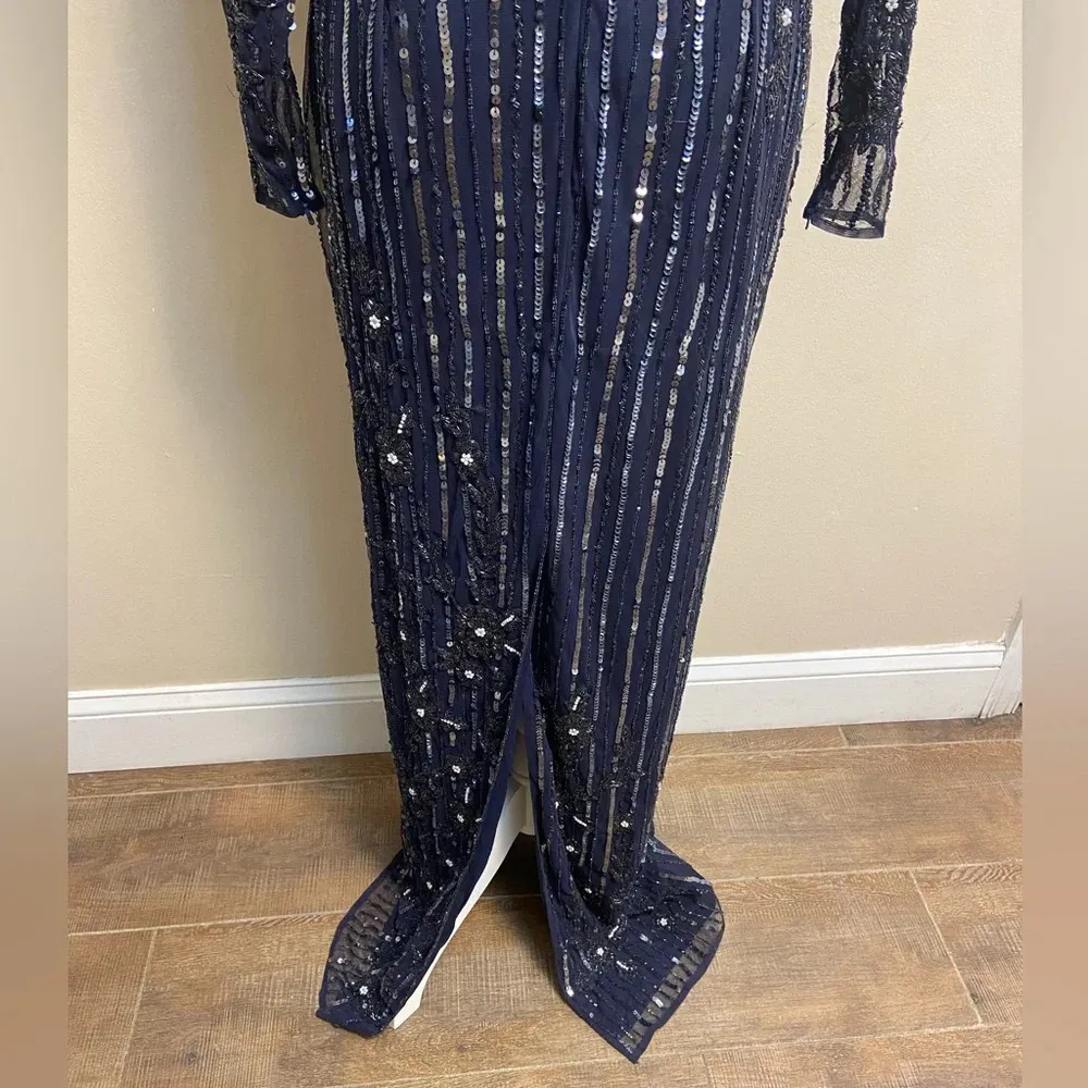 Mac Duggal sequin formal dress high neck illusion navy formal cocktail Sz‎ 8 NWT - Image 12