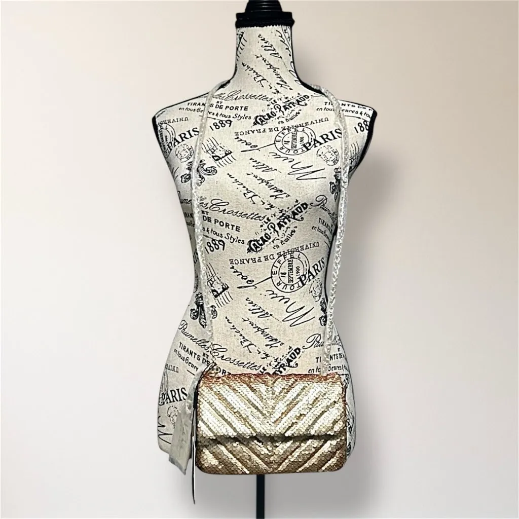 Nicole Miller Gold Sequin Crossbody‎ Bag Convertible Clutch Chain Holiday Party - Image 4