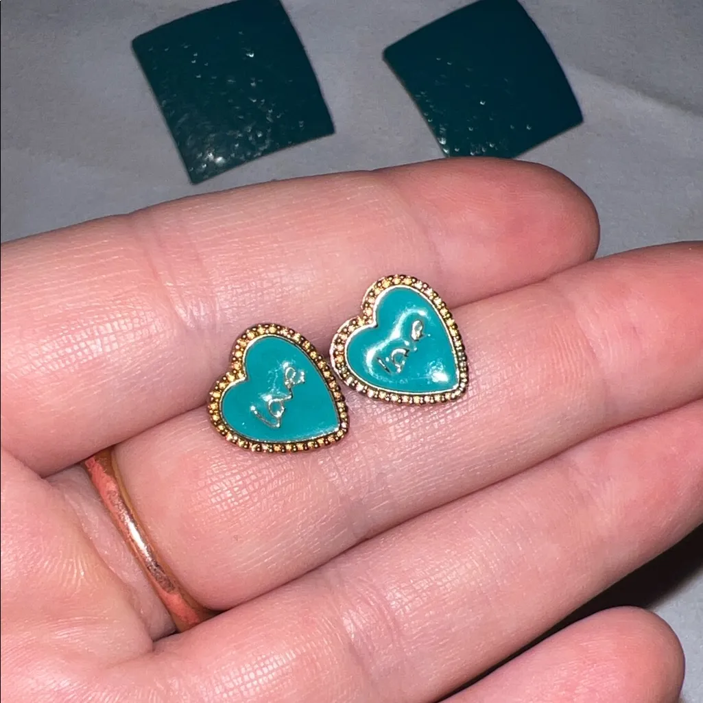 Teal and Gold Heart Earrings Set Blue - Image 3