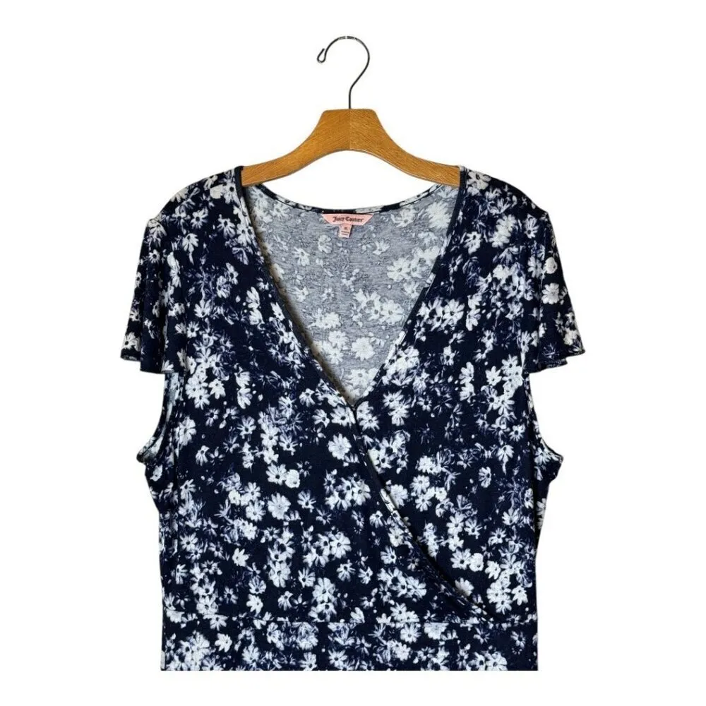 Juicy Couture Dress Women XL Blue White Floral Print Faux Wrap Midi Retro Boho‎ - Image 4