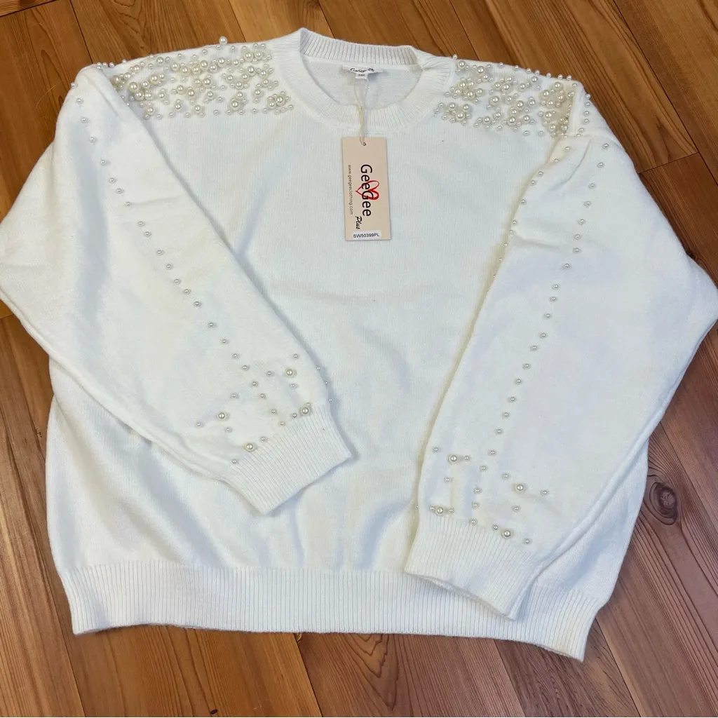 Pearl Embellished Soft White Crew Neck Holiday Sweater New 3X GeeGee Plus Size - Image 2