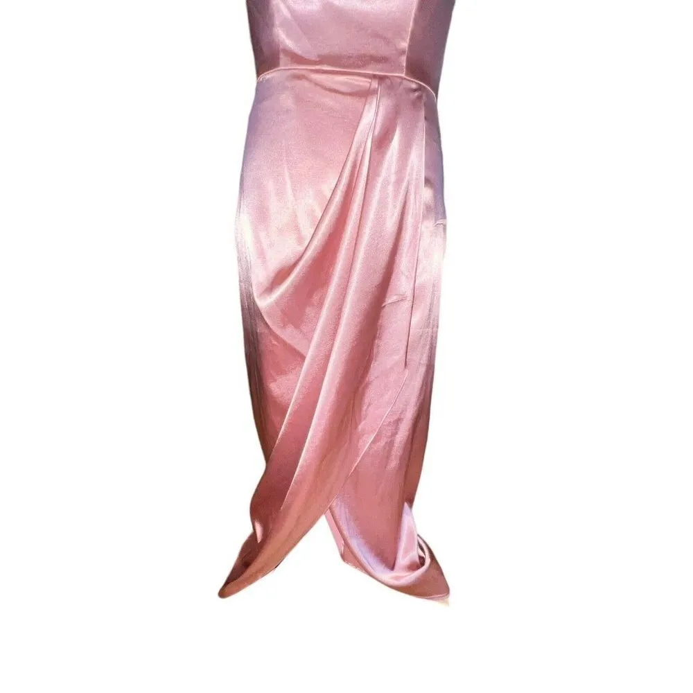 After Six Desert Rose Charmeuse Halter Midi Dress Draped Tulip Skirt 6829‎ Sz 2R - Image 5