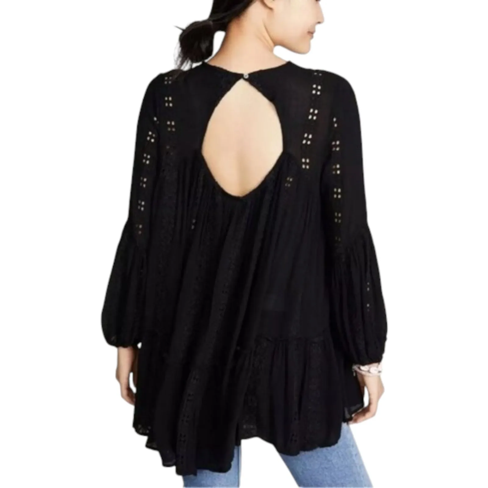 Free People Kiss Kiss Tunic Eyelet Boho Bohemian Flowy Oversized Black XS - Image 6