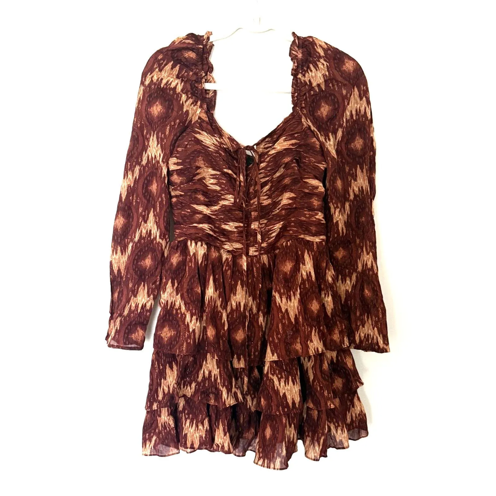 Revolve House of Harlow The Neck Ruffle Mini Dress Long Sleeve Rust Copper Sz M Size M - Image 3