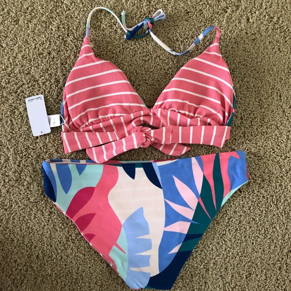 SPLENDID BIKINI SET REVERSIBLE THIN STRIPED PALE PINK FLORAL NWT SZ L - Image 5