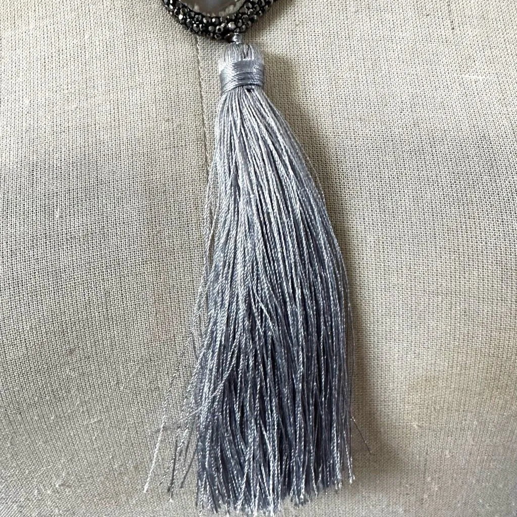 Gray Agate & Horn Beaded Tassel Necklace with Crystal Pendant - Image 8