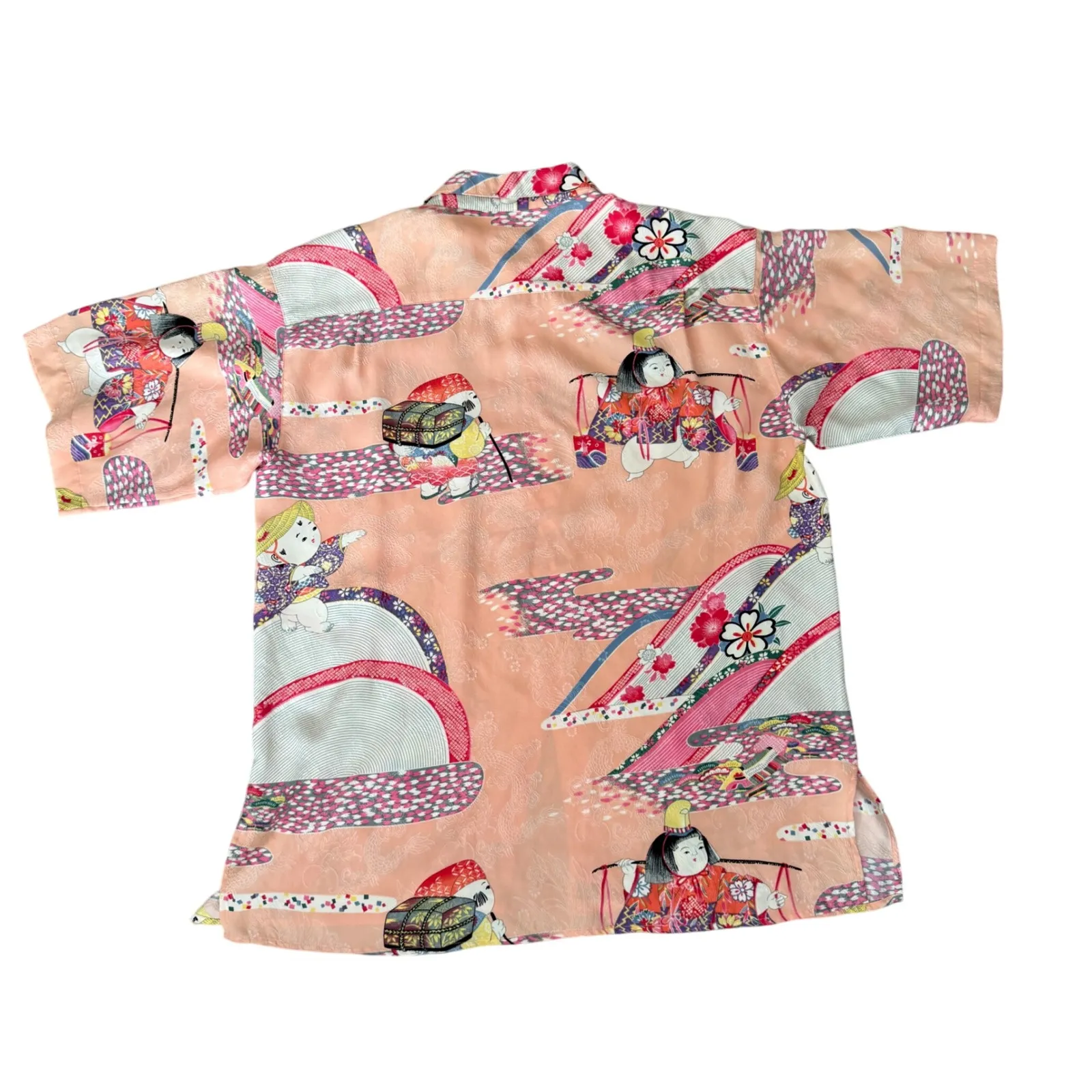 Citron Pink Silk Shirt Japanese Dolls Print Short Sleeve Button Up M Size M - Image 2