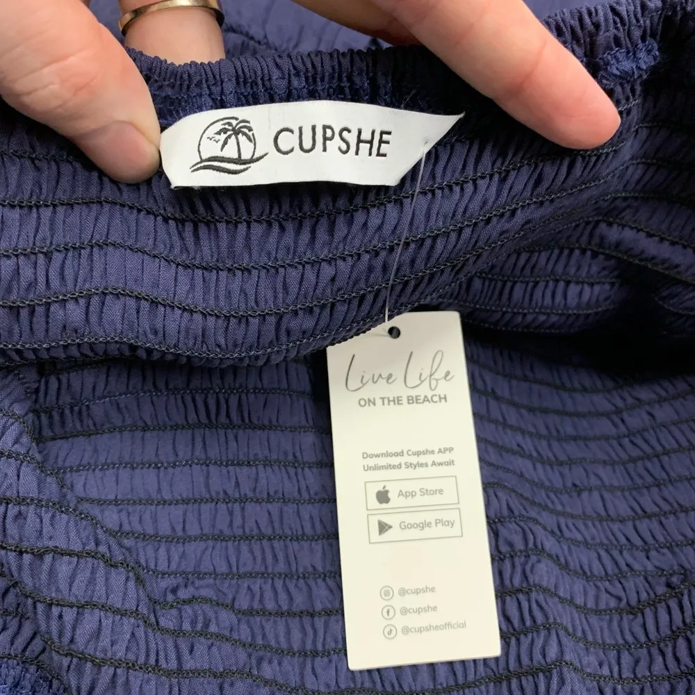 Cupshe Smocked Strapless Dress Women Size Medium Tassel Hem Casual Cover Up Blue - Image 5