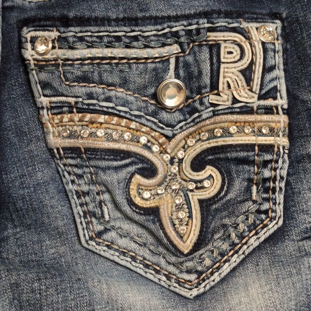 Rock Revival Blue Distressed Embroidered Rhinestone Agata Skinny Jeans Size 25 - Image 8