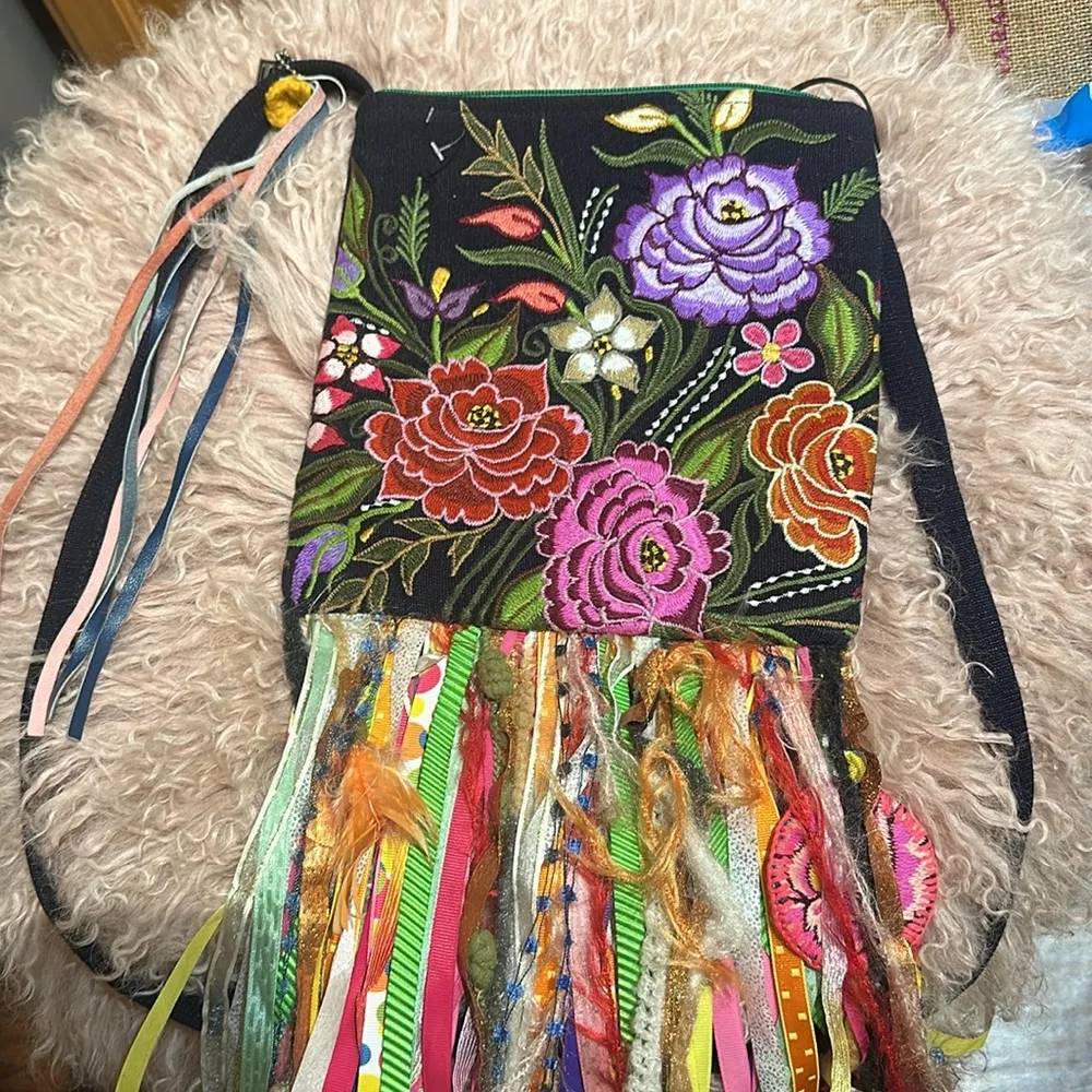 Mexico Hand Embroidered Floral Ribbon Fringe Bag Pink - Image 12