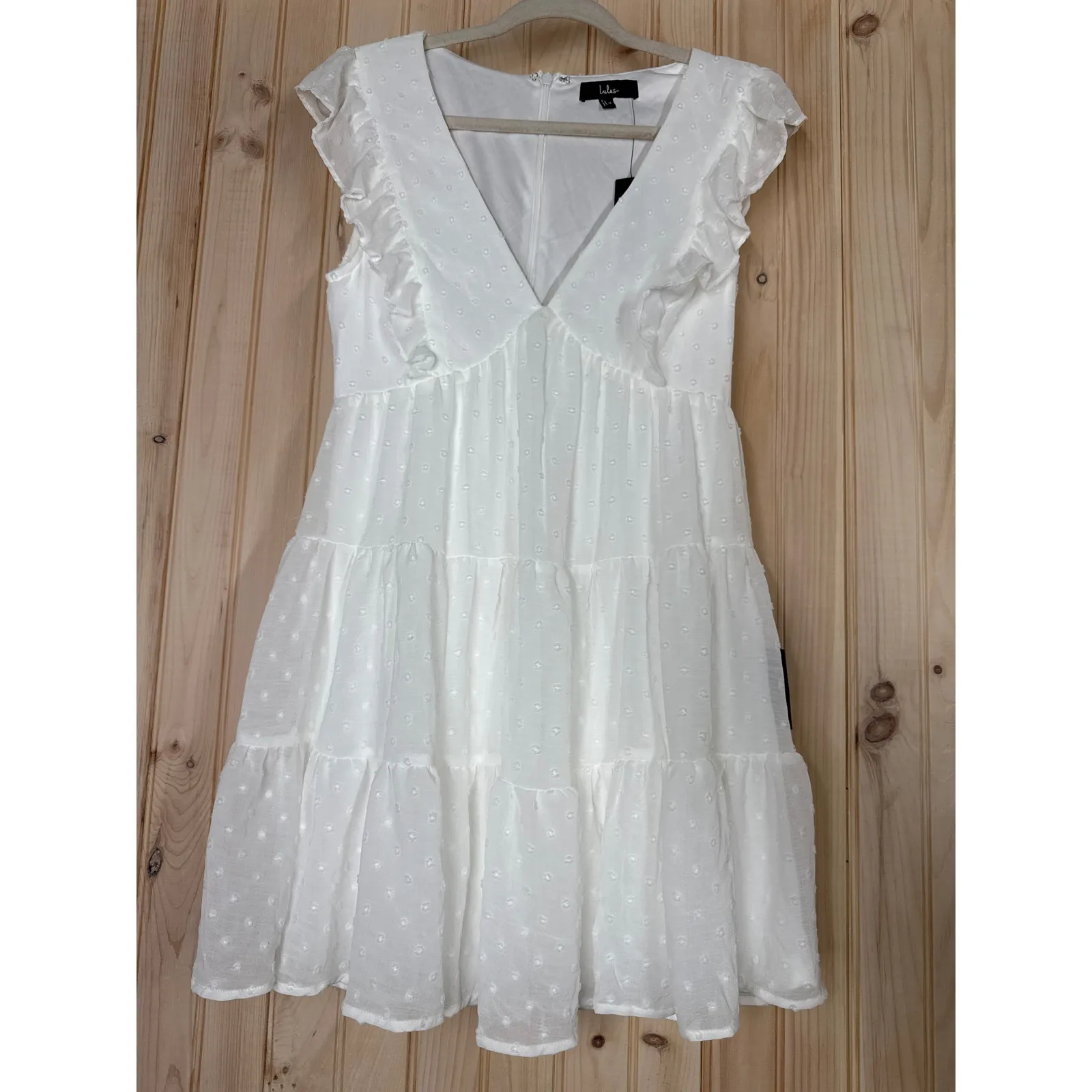NWT Lulus Dreamy Designs White Ruffled Tiered Swiss Dot Mini Dress Summer Sz M - Image 2