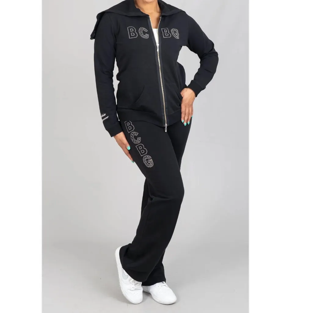 NEW SIZE MEDIUM BCBG MAXAZRIA, Black with Rhinestone Detail Hoodie & Pant Set - Image 2