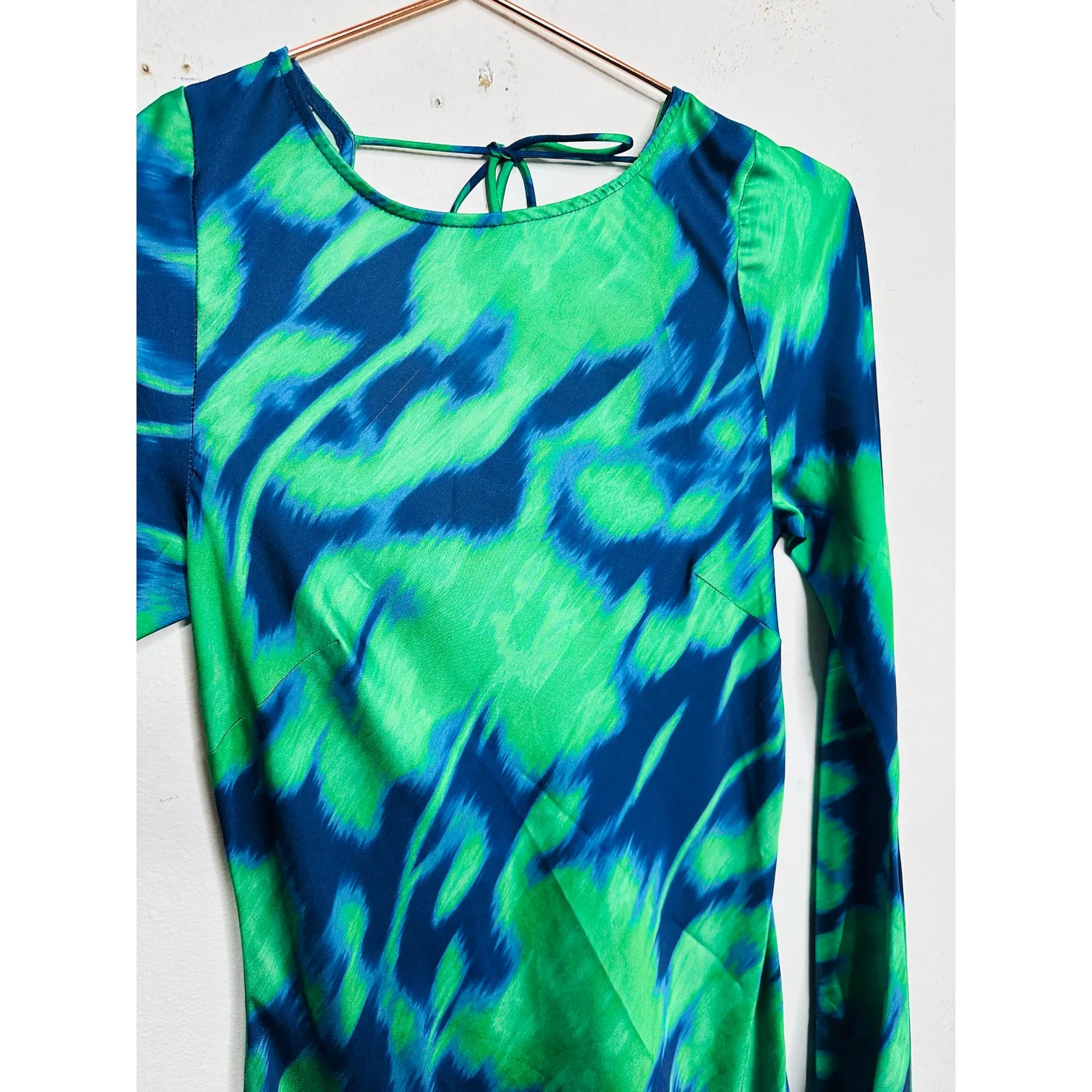 Free People THE WOLF GANG Calypso Green Blue Maxi Long Sleeve Dress sz Small - Image 9