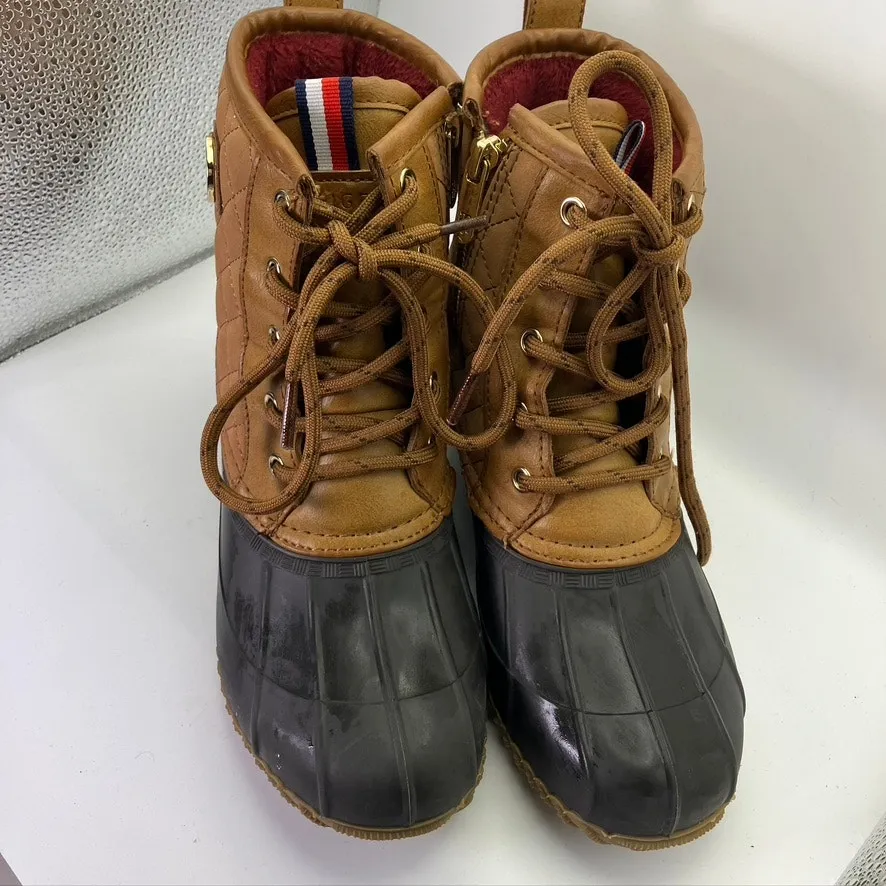 Tommy Hilfiger Womens 6M Duck Boots Rain Lace Up Side Zip Brown‎ Black Classic - Image 4