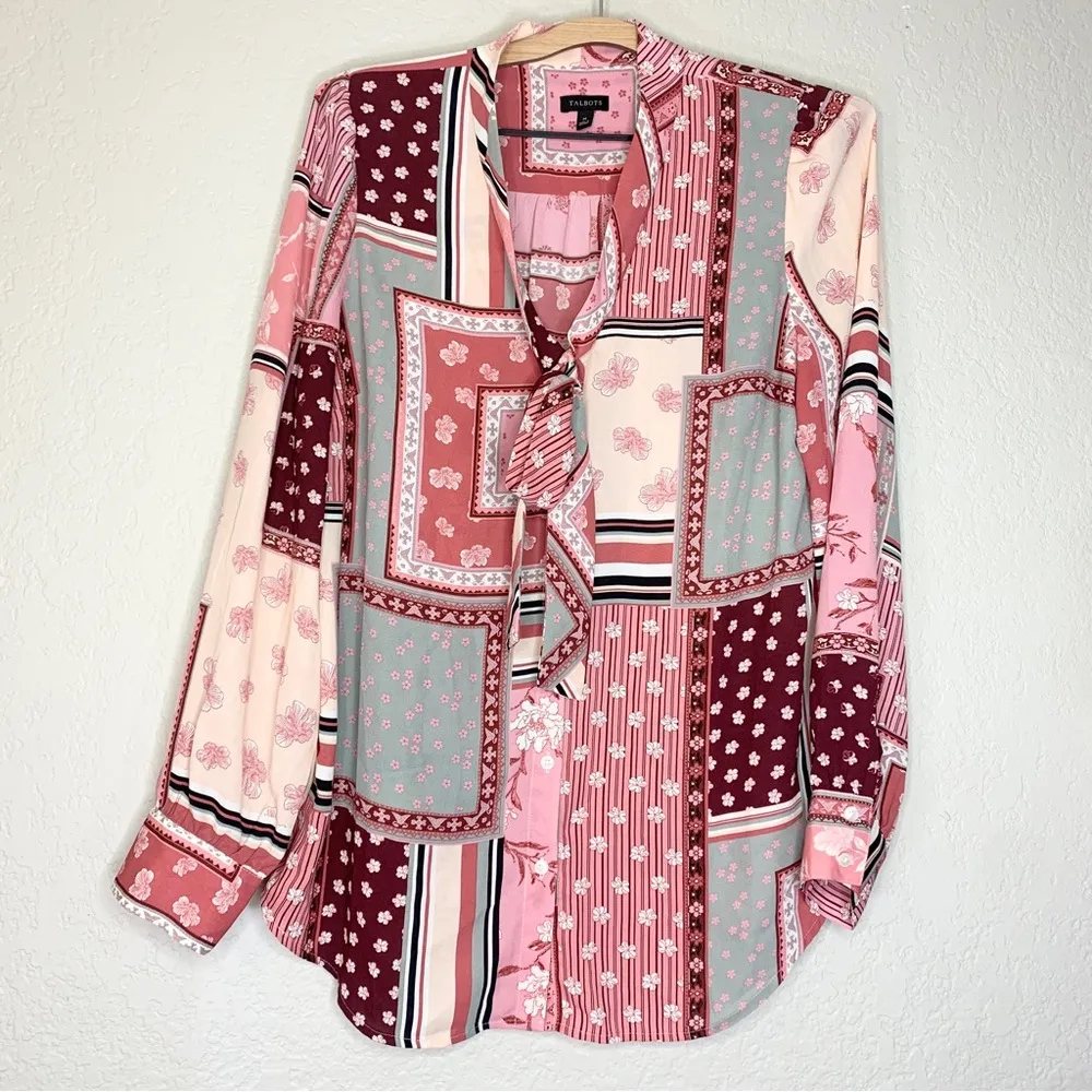 Talbots Pink Floral Patchwork Tie Neck Button Up Blouse Size M - Image 2