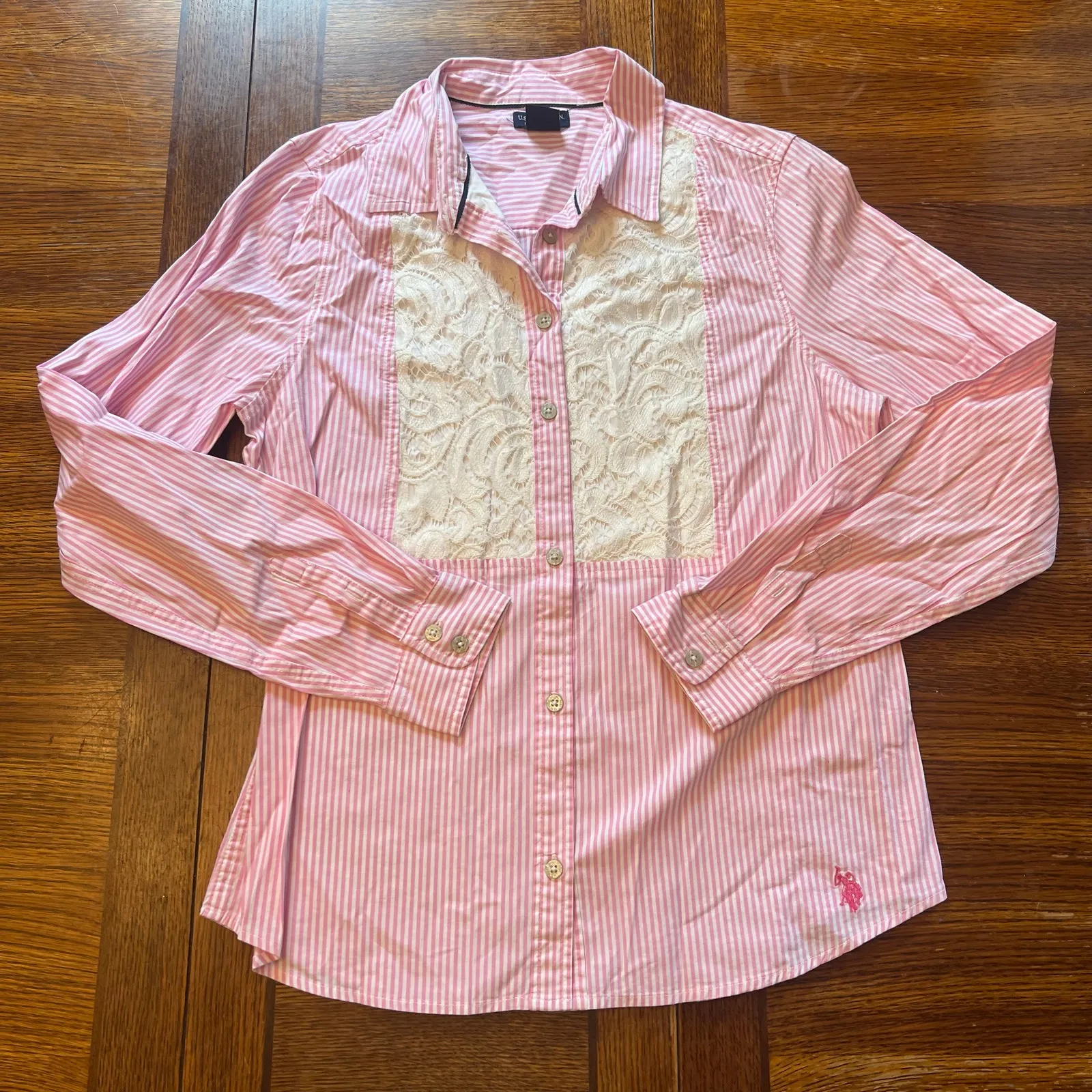 U.S. Polo Assn. Pink Pinstripe Lace Button Down Shirt M - Image 11