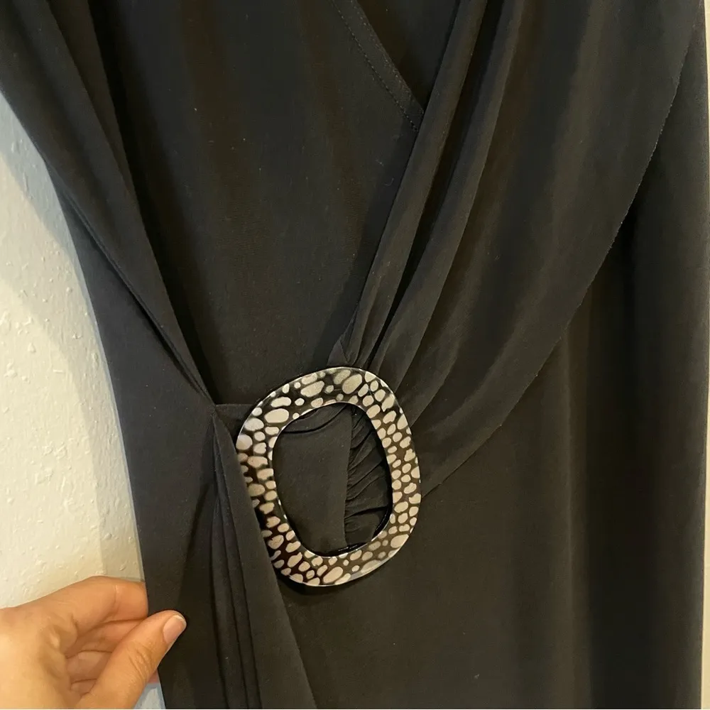 Black Faux Wrap Buckle V Neck Dress - Image 5