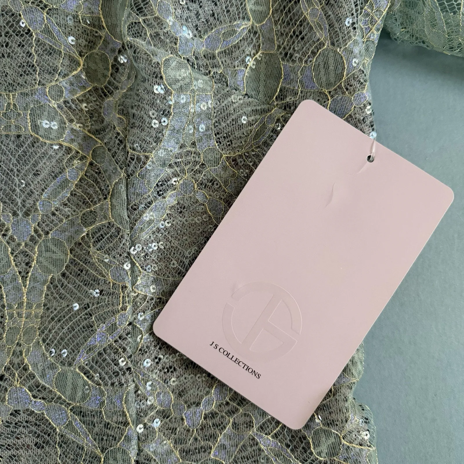 NWT JS Collections Sequin V-Neck Cape Gown Metallic Lace Light Blue Formal Dress - Image 6