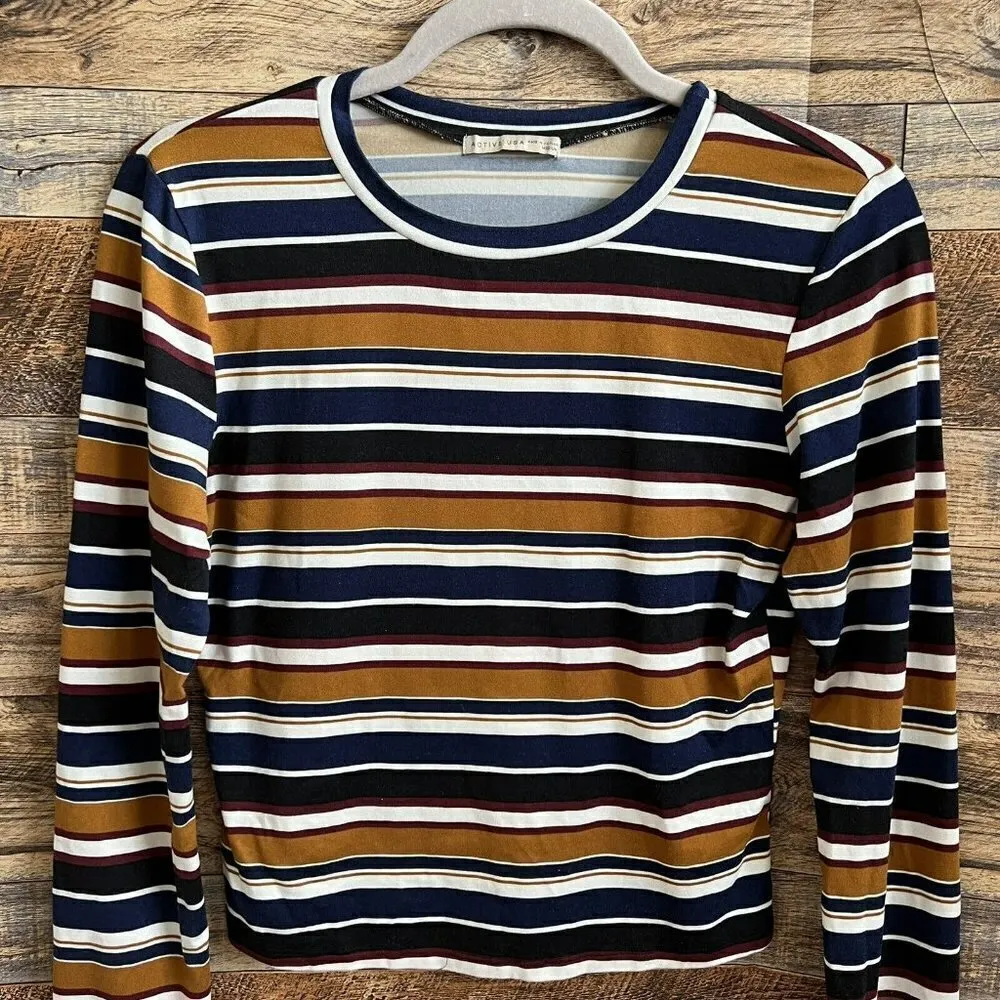 ACTIVE USA Retro crop Top shirt Sailor Striped long sleeves MEDIUM crew neck - Image 2