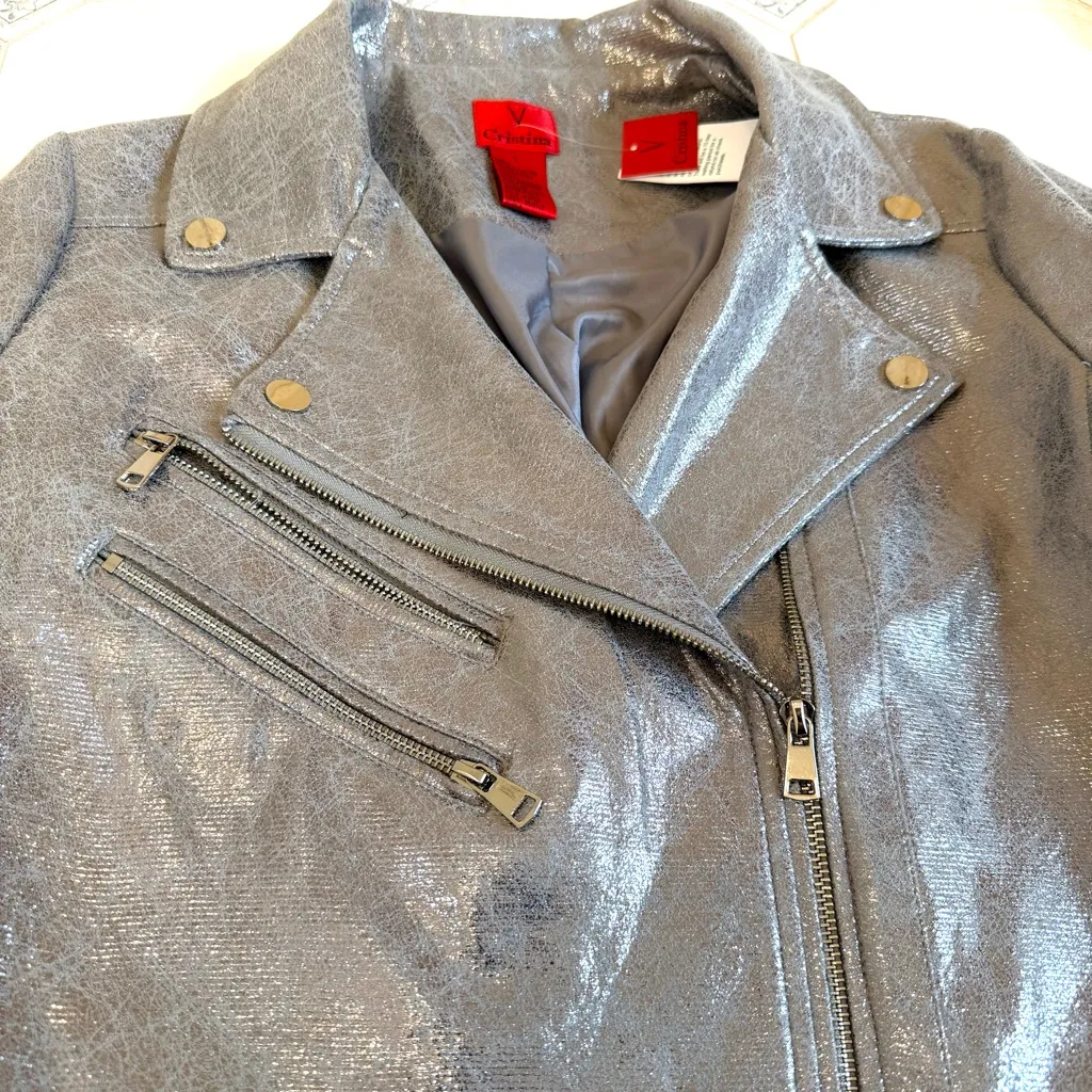 V Christina Silver Metallic Moto Biker Jacket Women's Large NWT Punk Rock Edgy - Image 3