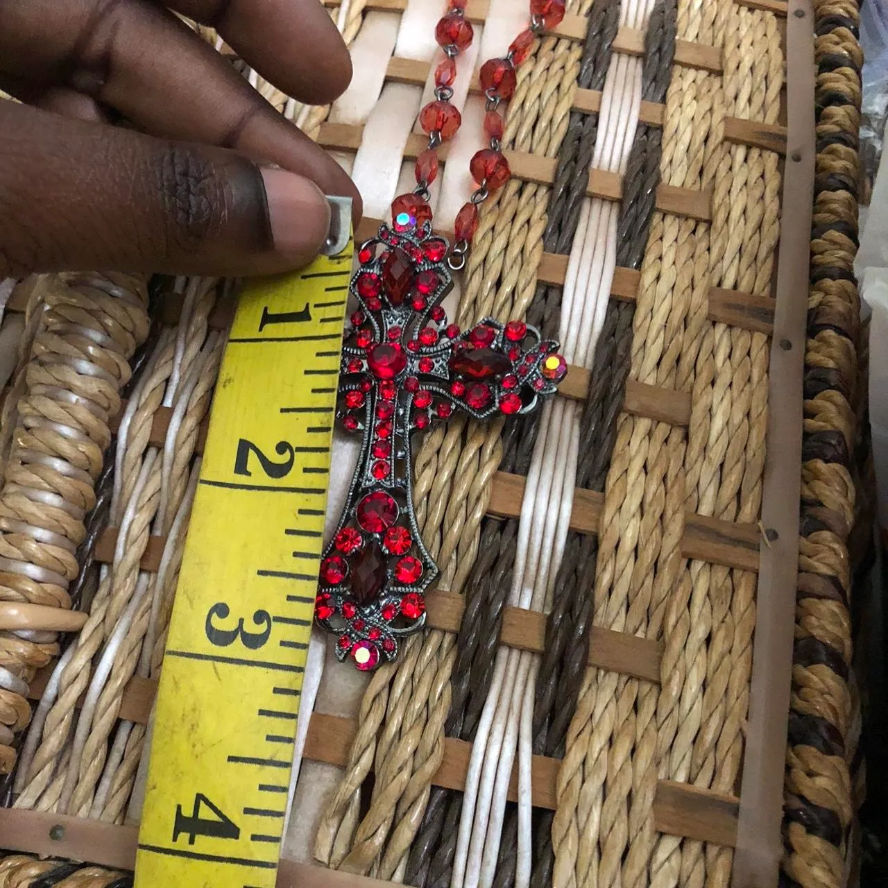 Y2K Gothic Whimsygoth Grunge Red Burgundy Beaded Crystal Rhinestone Large Cross Necklace Choker Pendant Charm #whimsigoth #fleur de lis #skull #heart #bones Measurements pictured - Image 4