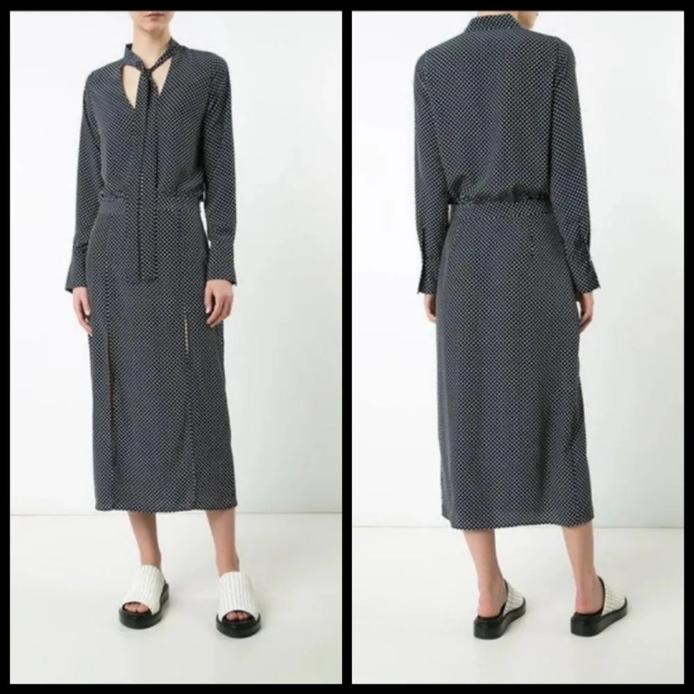 💕ALEXIS💕 Noelle Polka-dot Tie-neck Slit Midi Dress ~ Navy Blue XS - Image 9