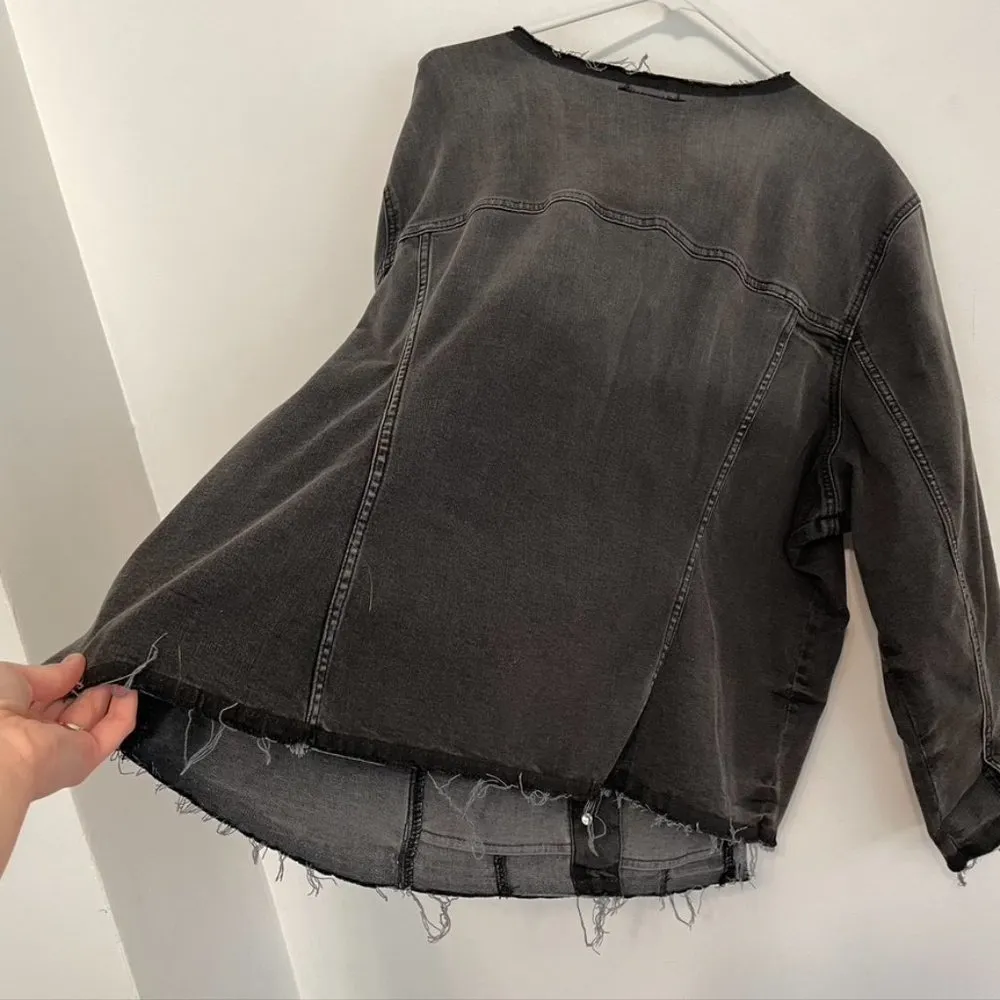 LANE BRYANT Plus Size Black Denim Deconstructed Jean Jacket Distressed Cotton 28 - Image 12